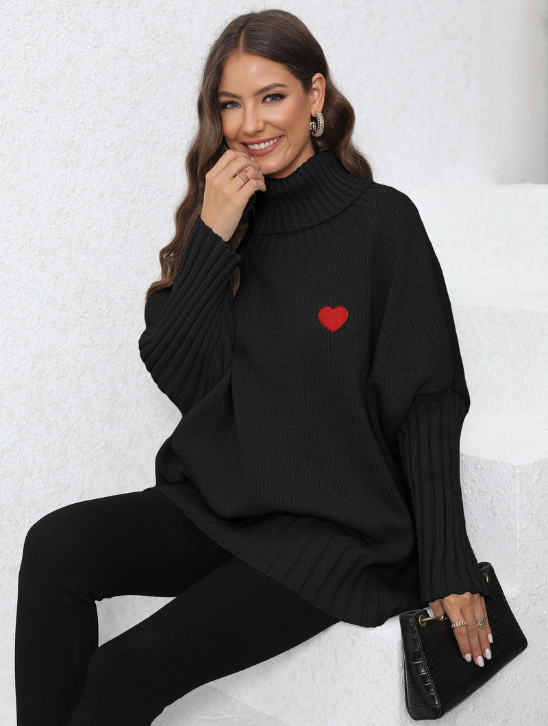 women's loose turtleneck sweater with heart patches, view 10 - MRSLM