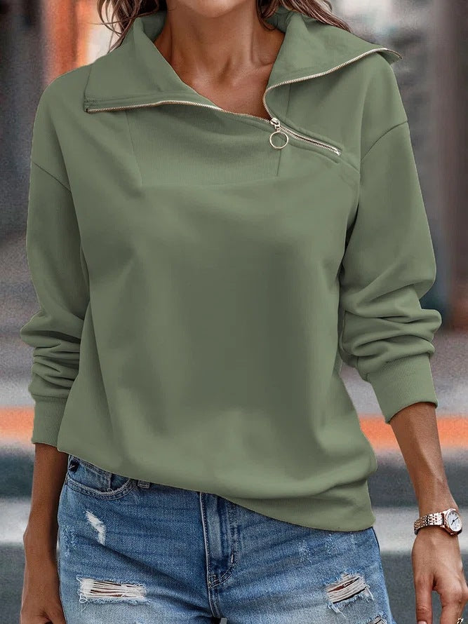 New Women's Solid Zipper High Neck Casual Loose Sweater