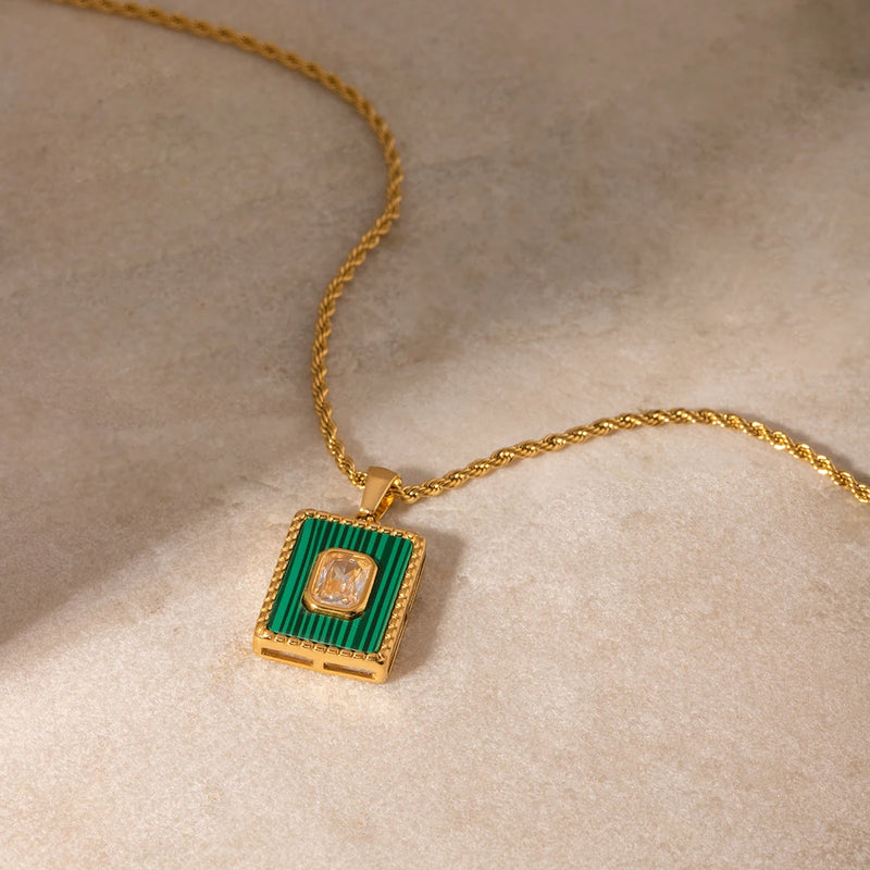 18k gold plated zircon malachite pendant necklace, view 6 - MRSLM