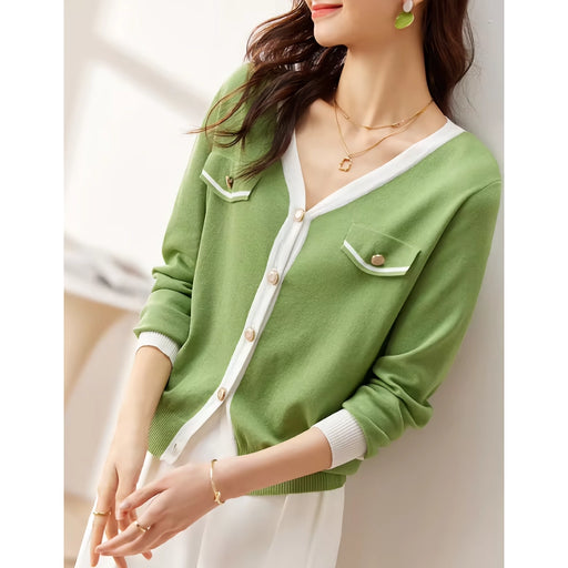 Women's white knit V-neck cardigan, view 2 - MRSLM