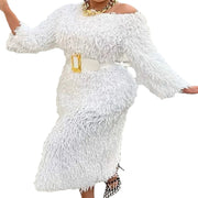 long sleeve narrow dress with tassel belt, view 4 - MRSLM