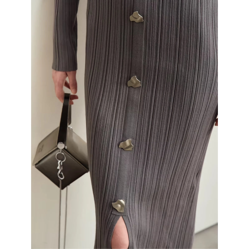 retro lapel knitted dress with metal buckle, view 10 - MRSLM