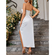White high slit hip hugging long dress, view 4 - MRSLM