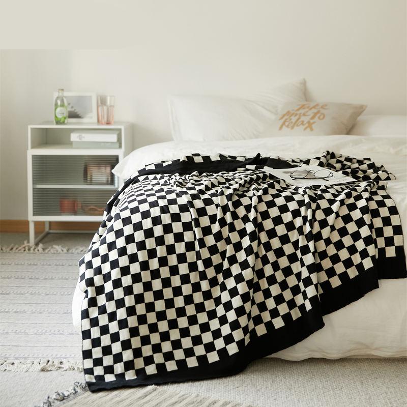 checkerboard plaid cotton knitted blanket, view 3 - MRSLM