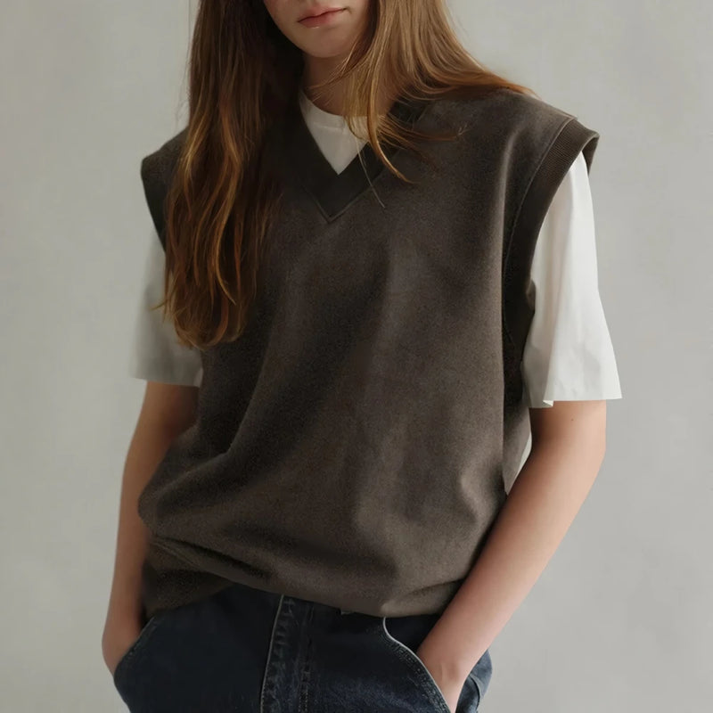 loose V-neck sleeveless knit pullover, view 6 - MRSLM