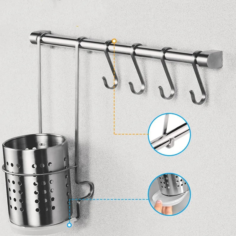 stainless steel kitchen wall rack with hooks, view 4 - MRSLM