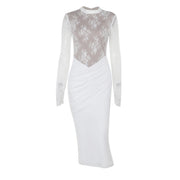 white slim lace long sleeve dress, view 5 - MRSLM