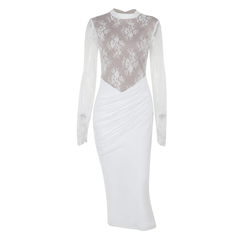 white slim lace long sleeve dress, view 5 - MRSLM