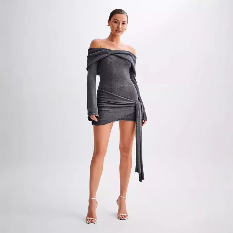 off-shoulder tied sweater dress, view 5 - MRSLM