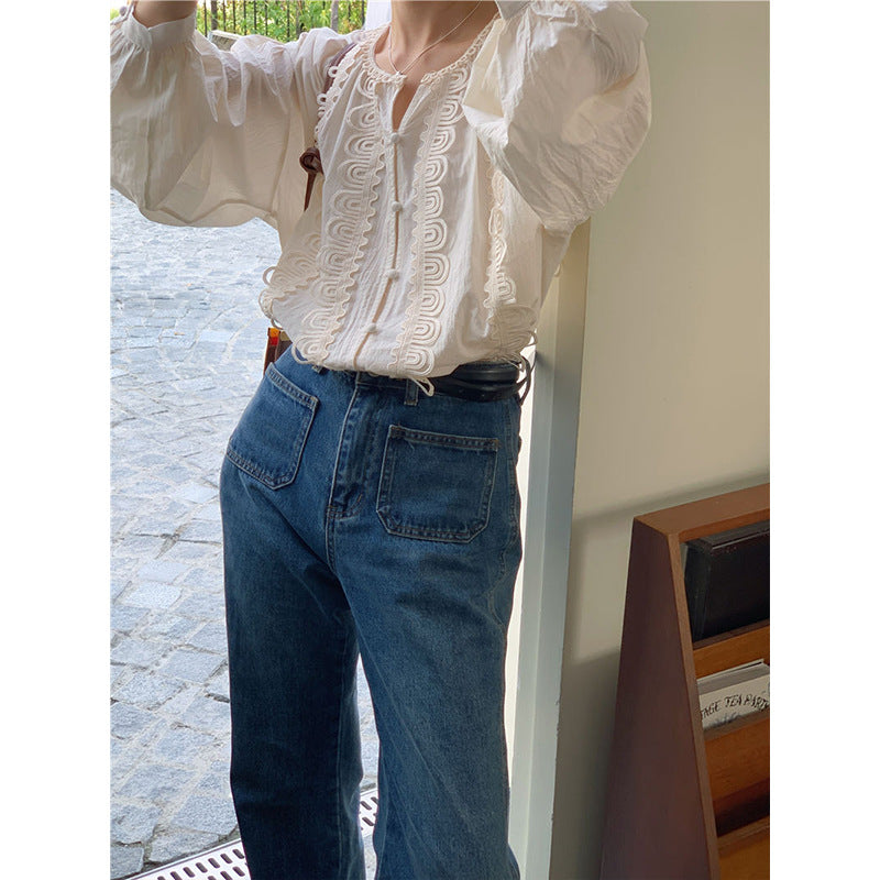 round neck lace stitching long-sleeved shirt, view 6 - MRSLM