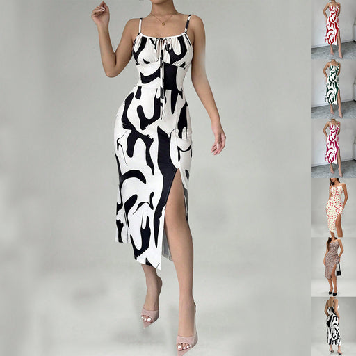Printed suspender split dress with lace-up waist - MRSLM