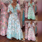 loose deep V puff sleeve long dress - MRSLM