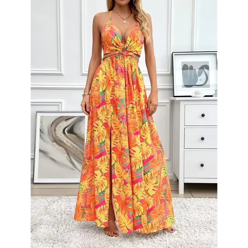 floral backless side-slit dress, view 9 - MRSLM
