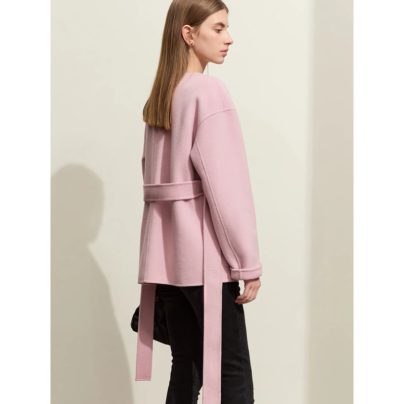 v-neck coat with belt, view 3 - MRSLM