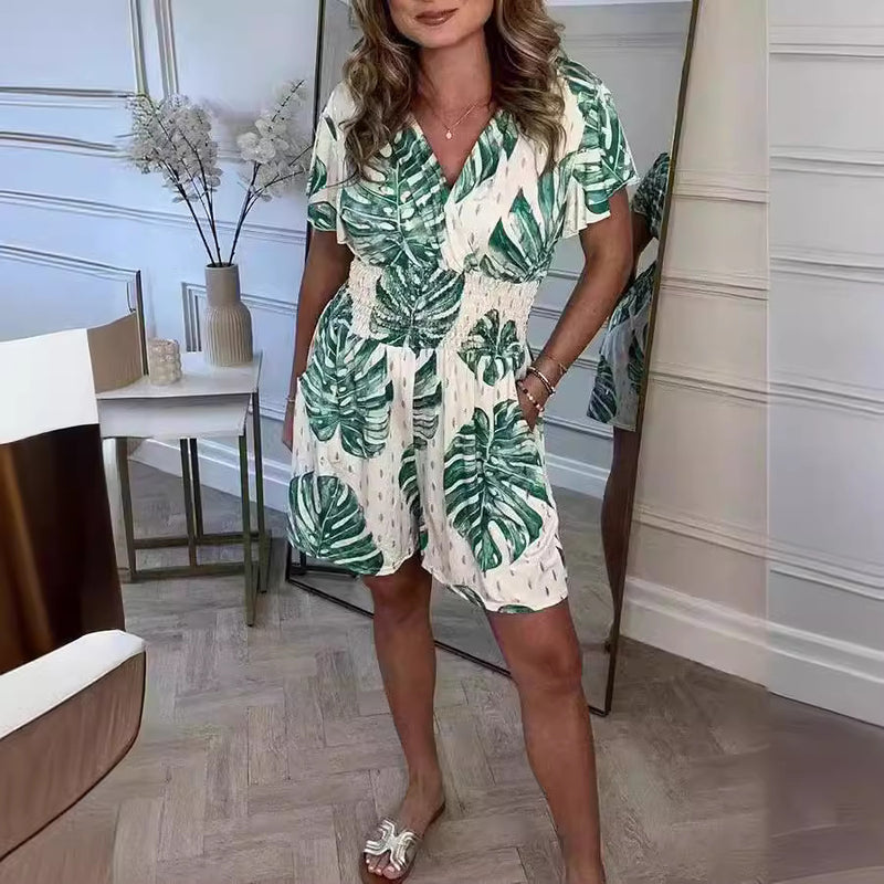 Leaf print short-sleeve summer outfit for women, view 4 - MRSLM