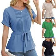 Women's ruffled pleated round neck top, view 2 - MRSLM