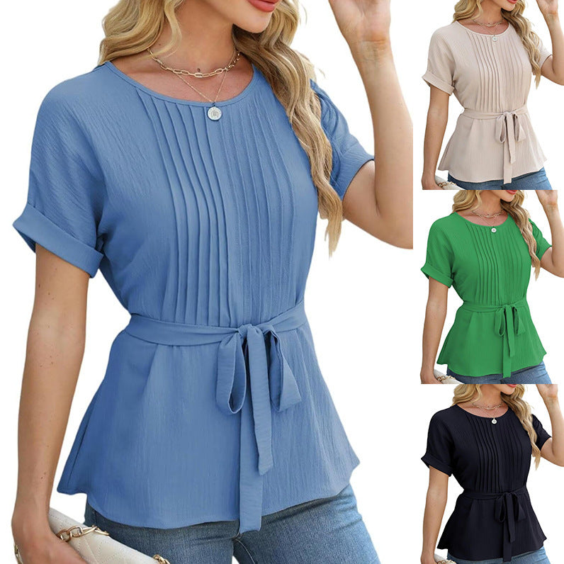 Women's ruffled pleated round neck top, view 2 - MRSLM