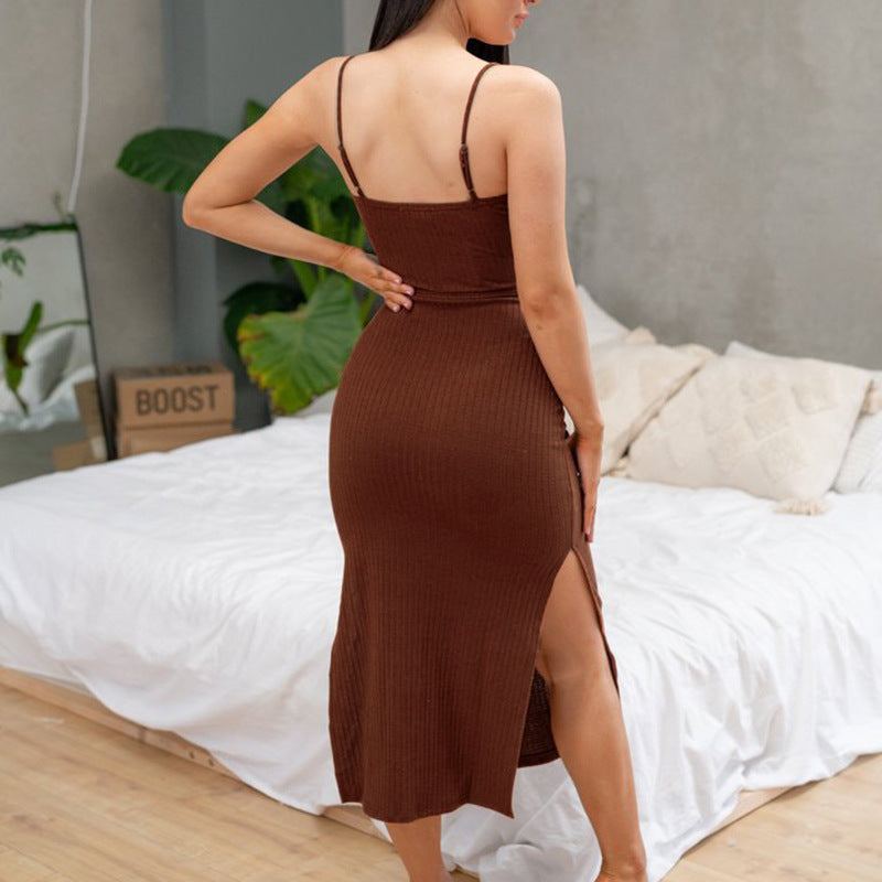 belted slit sling dress, view 3 - MRSLM