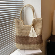 boho woven paper rope tote bag with tassels, view 3 - MRSLM