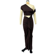 Maroon diagonal collar pleated waist dress, view 5 - MRSLM