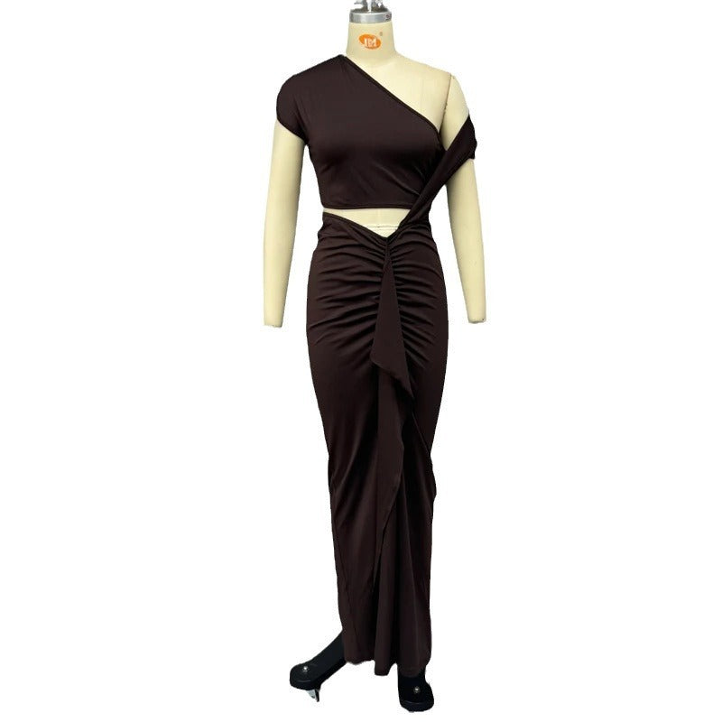Maroon diagonal collar pleated waist dress, view 5 - MRSLM