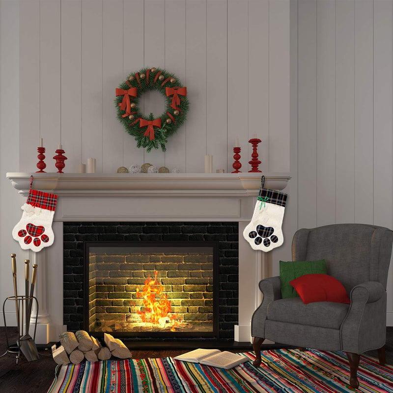 Buffalo plaid pet Christmas stocking with paw print, view 5 - MRSLM
