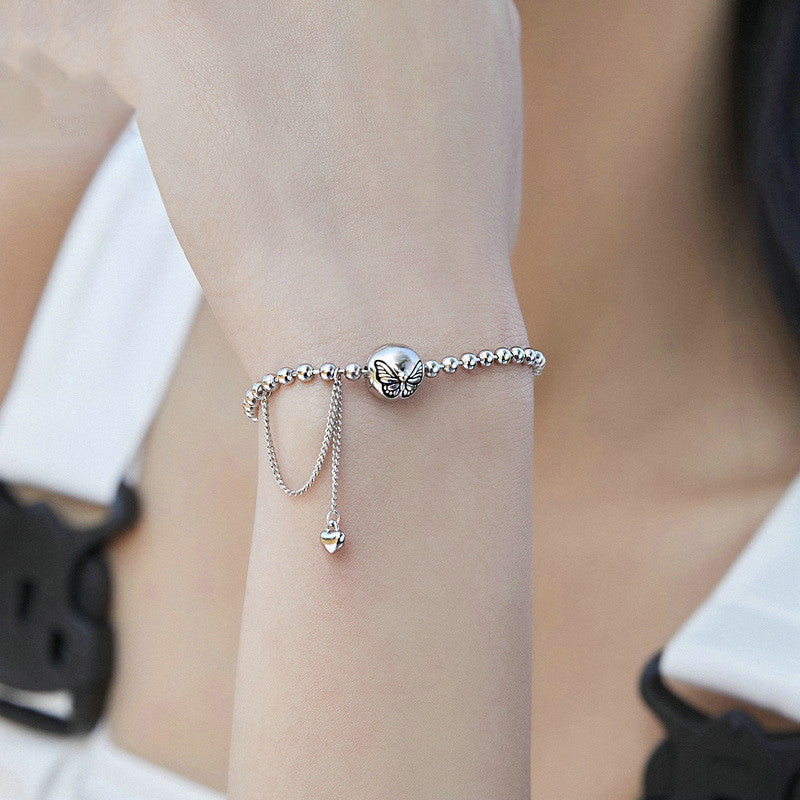 silver butterfly bead chain bracelet, view 2 - MRSLM
