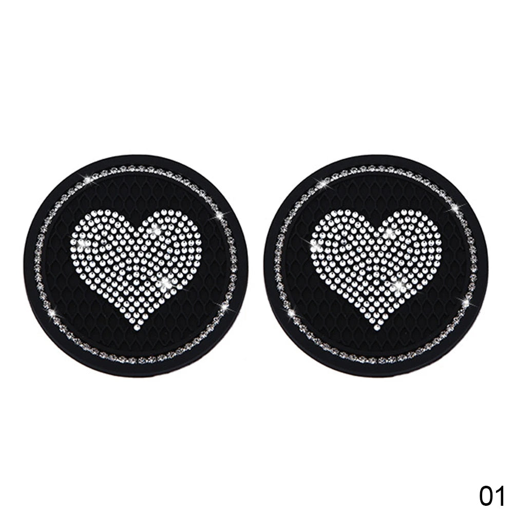 2PCS Heart-Shaped Diamond Car Cup Holder Mats