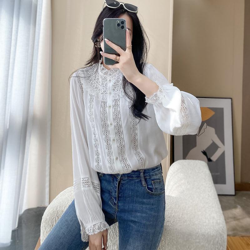 women's round neck lace white blouse, view 3 - MRSLM