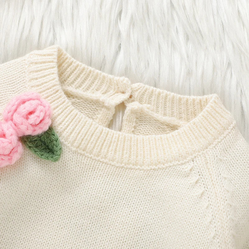 newborn baby girl knit bodysuit and floral hat set, view 6 - MRSLM