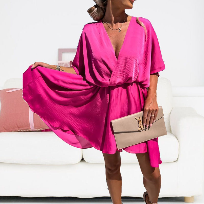 v-neck satin loose casual dress, view 3 - MRSLM