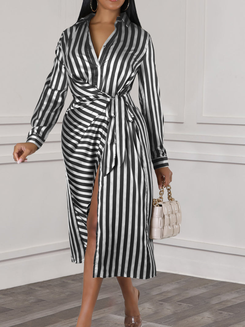 striped lapel shirt dress, view 5 - MRSLM