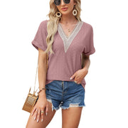 Women's solid color V-neck fold sleeve top, view 3 - MRSLM