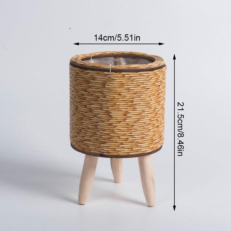 nordic woven plant stand with wooden legs, view 7 - MRSLM