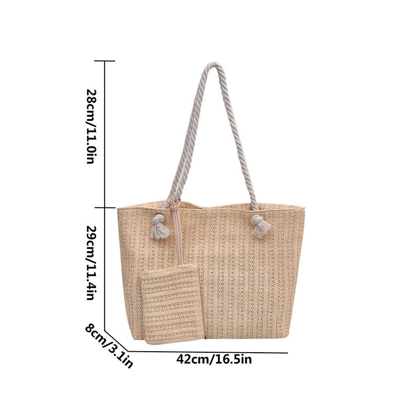 woven summer straw tote bag with mini purse, view 6 - MRSLM