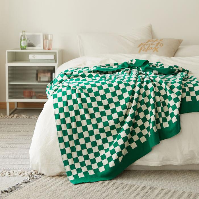 checkerboard plaid cotton knitted blanket, view 8 - MRSLM