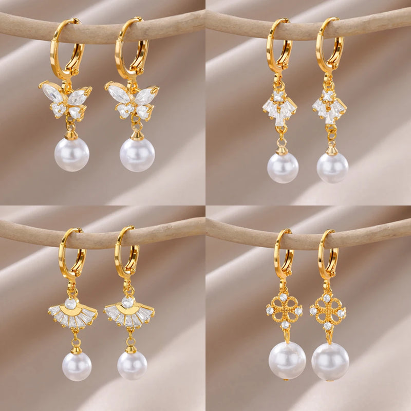 butterfly imitation pearl dangle earrings, view 11 - MRSLM