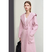 hooded long wool overcoat with belt, view 8 - MRSLM