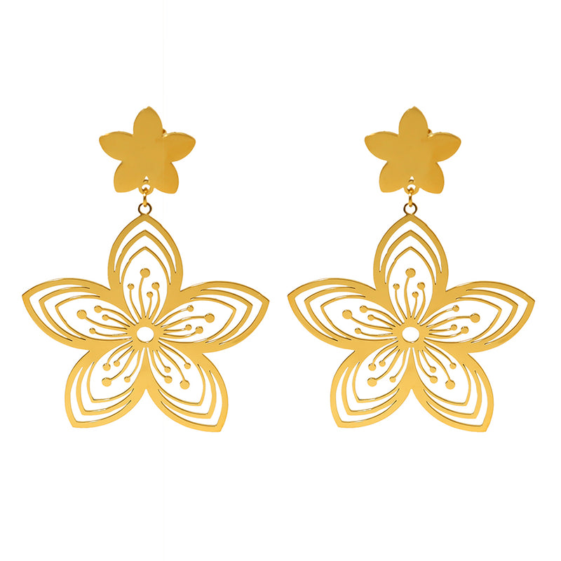 gold flower drop earrings, view 2 - MRSLM