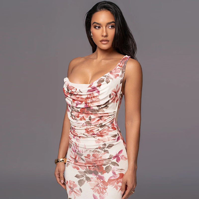 printed one-shoulder long dress, view 6 - MRSLM