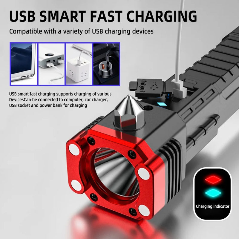 4-in-1 usb charging flashlight with safety hammer, view 13 - MRSLM