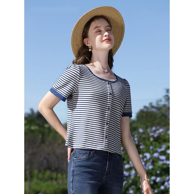 summer striped slim-fit knit tee, view 3 - MRSLM
