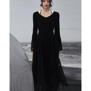 dark velvet lace splice dress, view 4 - MRSLM
