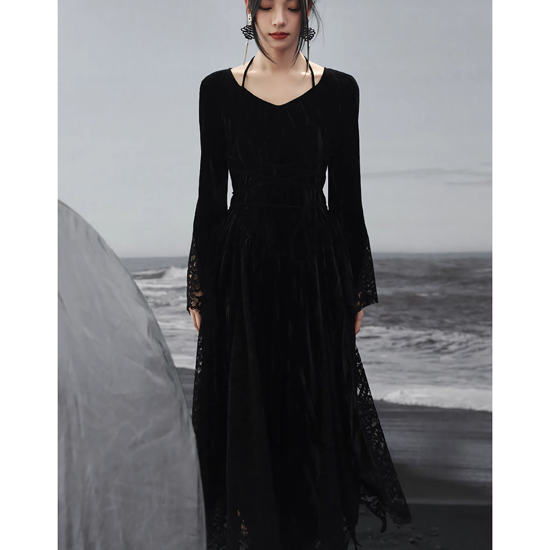 dark velvet lace splice dress, view 4 - MRSLM
