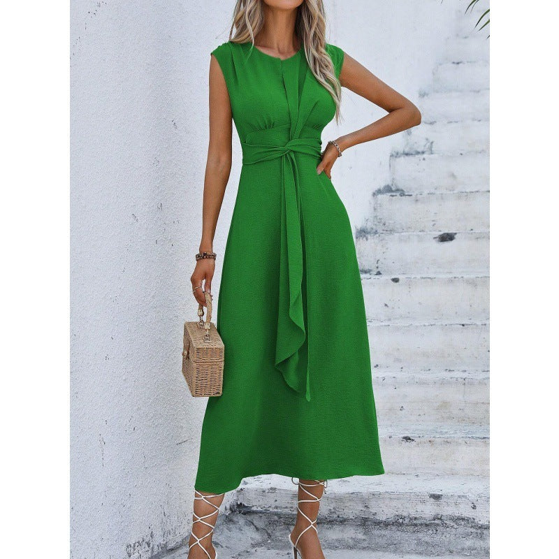 solid color waist tied dress for women, view 6 - MRSLM