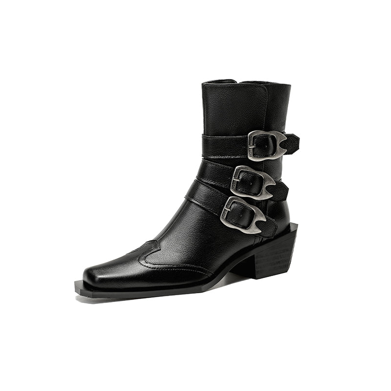 genuine leather square toe chunky heel ankle boots, view 2 - MRSLM