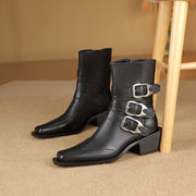 genuine leather square toe chunky heel ankle boots, view 7 - MRSLM