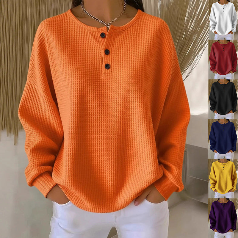 Waffle Long-sleeved T-shirt Fashion Solid Color Buttons Round Neck Pullover Top Women's Clothing