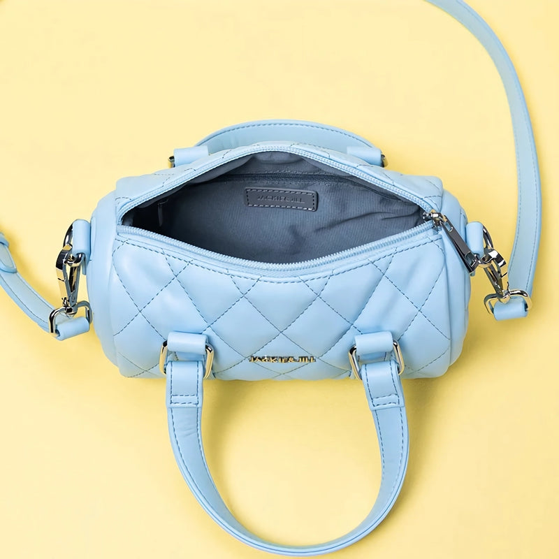 blue leather cylinder shoulder bag, view 9 - MRSLM
