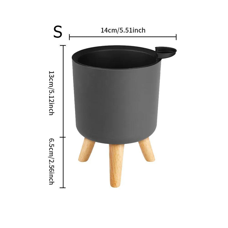 Modern self-watering planter with wooden stand, view 9 - MRSLM